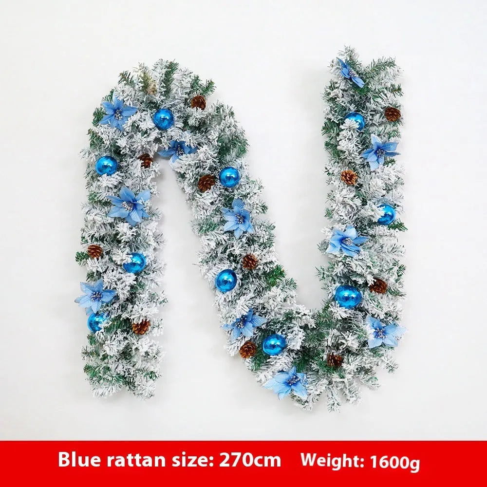 240cm artificial rattan Christmas garland with flocking decoration in golden colour