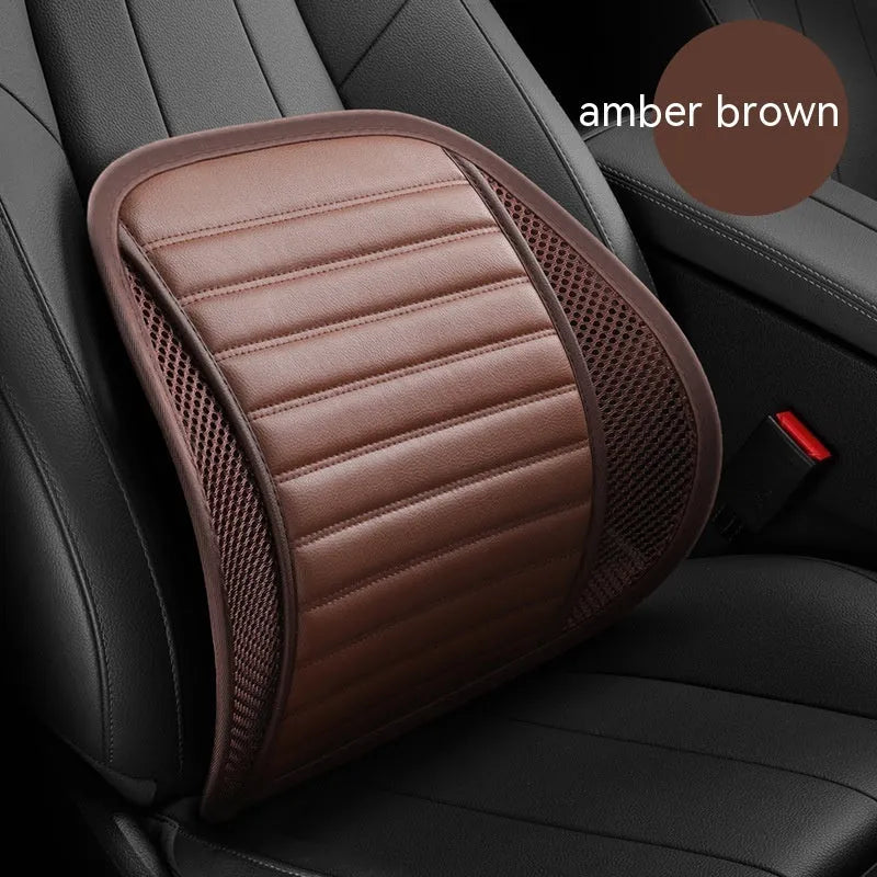 Leather car lumbar support waist back cushion pillow shown in different colours.