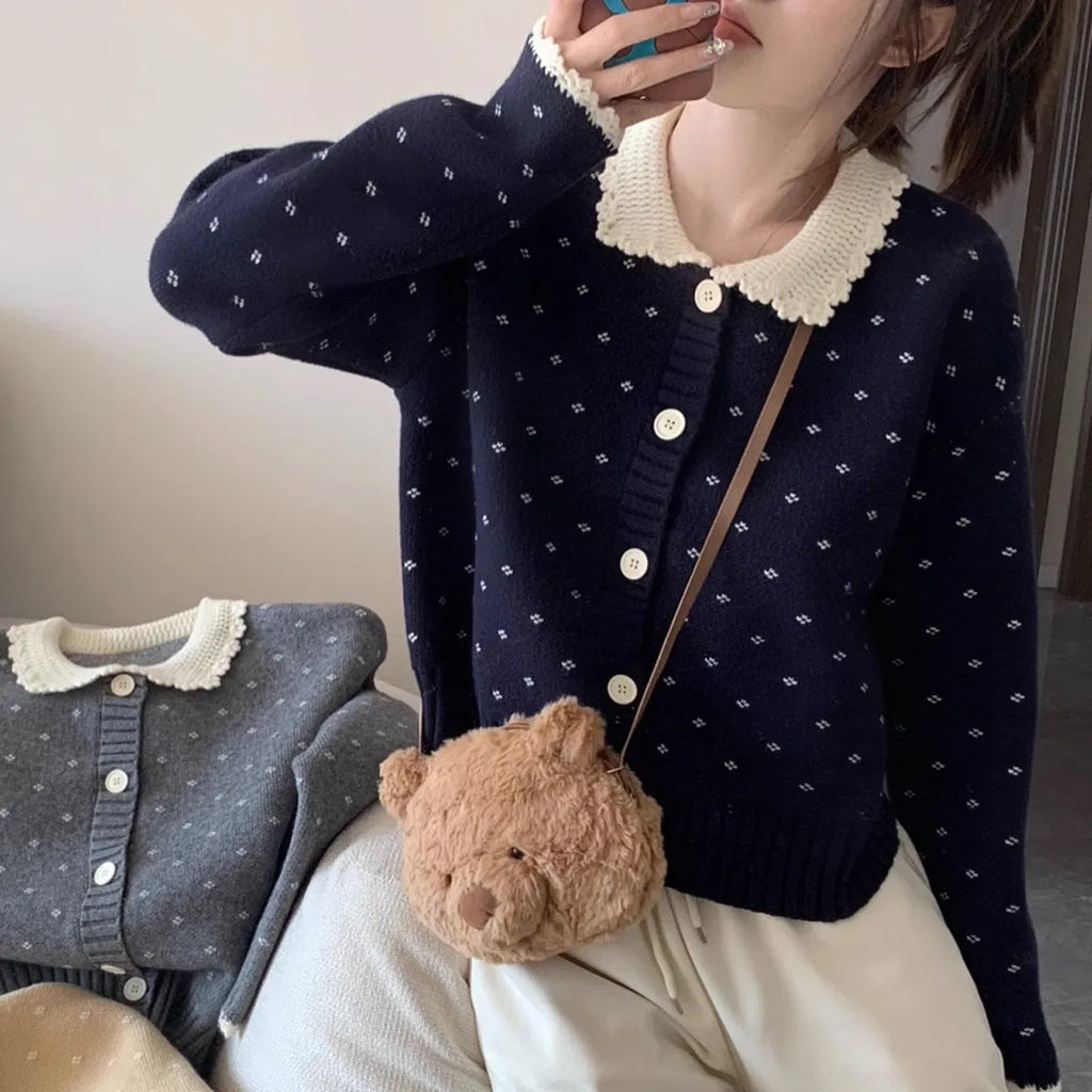 Retro Peter Pan collar floral patterned knitted cardigan coat in navy blue colour