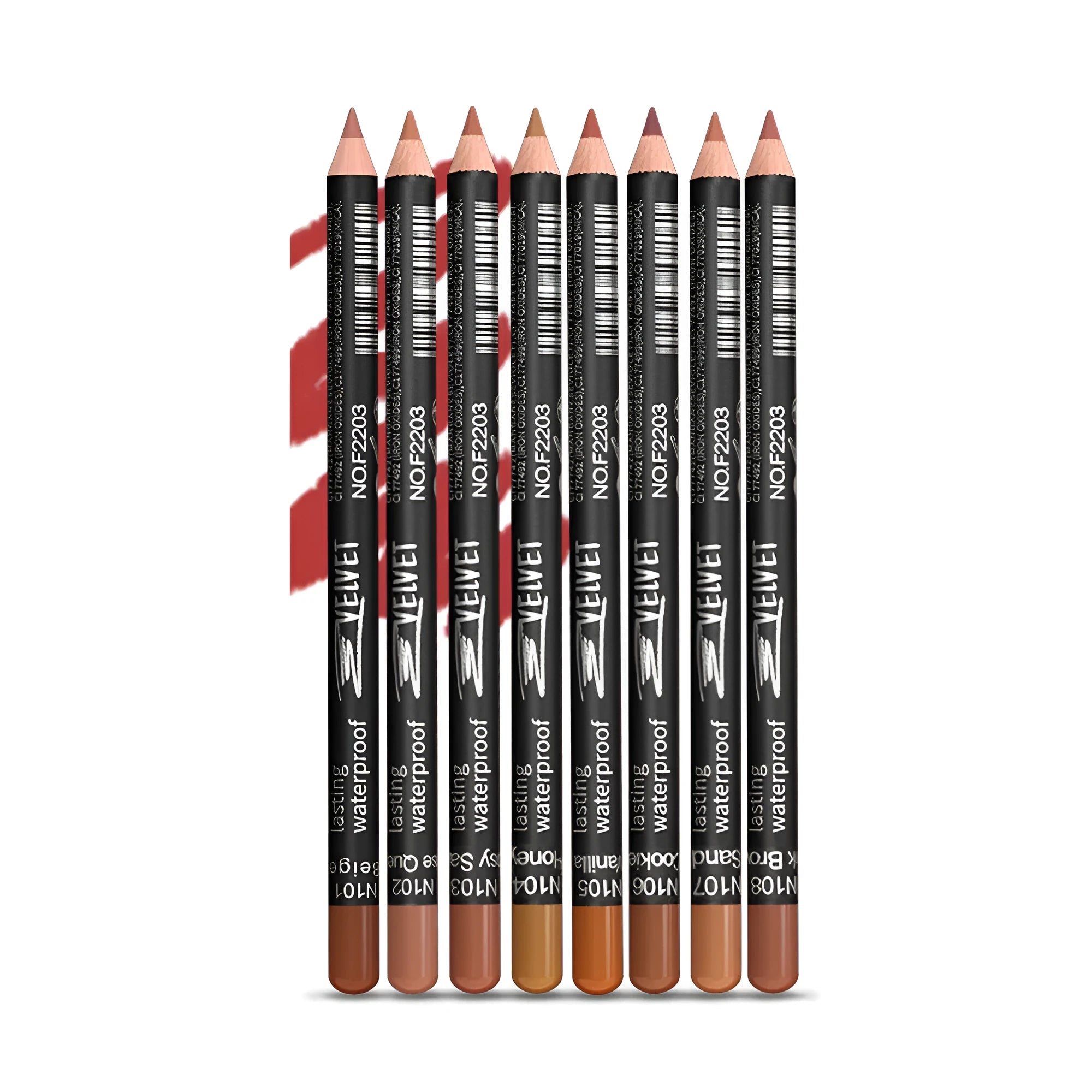 Matte lip liner in wood finish showing rich colour payoff with 14 shade options from 201 to 214