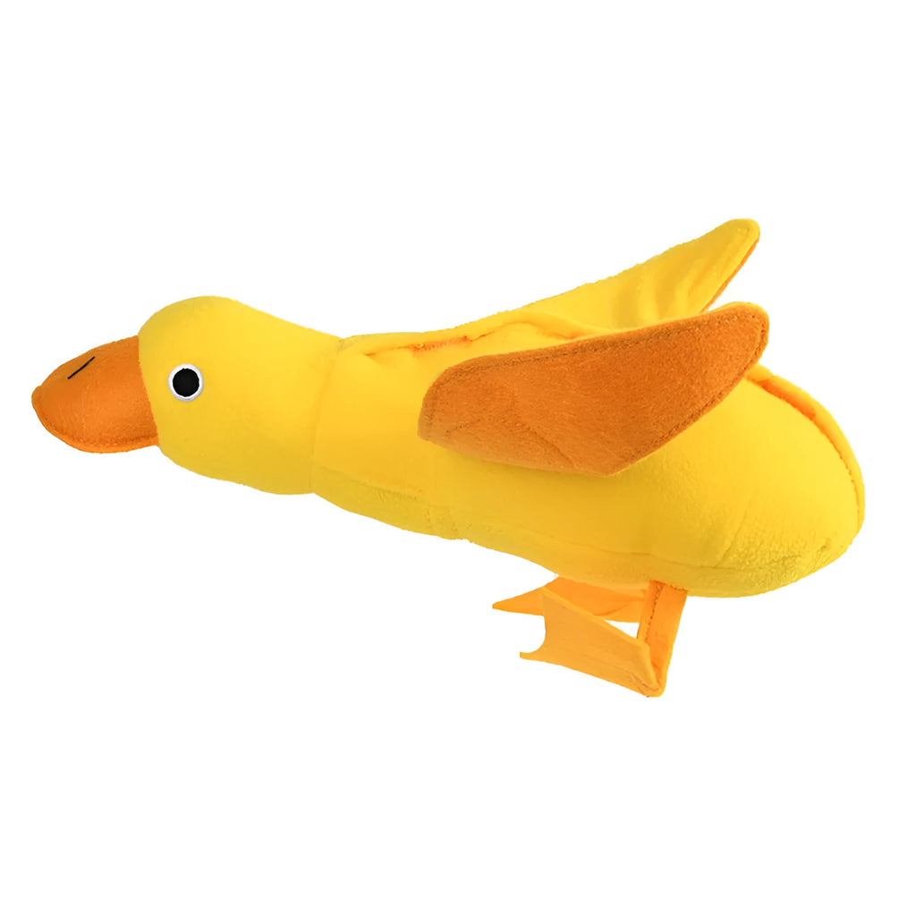 Yellow teddy pet toy with attached duck doll and built-in dog sound mechanism