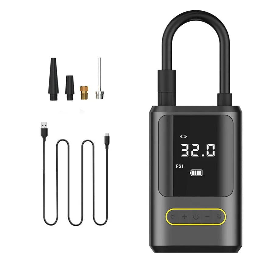 Black handheld digital wireless air pump with LED display and connected air hose on a grey background.