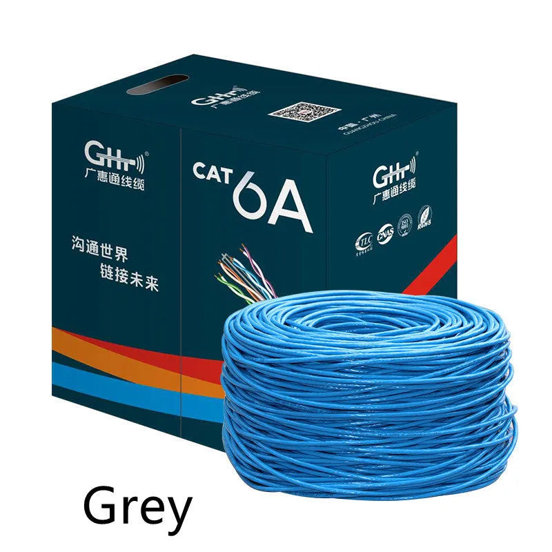 A box of blue 305-metre long Cat6/Cat6a oxygen-free copper network cable on a reel.