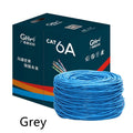 A box of blue 305-metre long Cat6/Cat6a oxygen-free copper network cable on a reel.