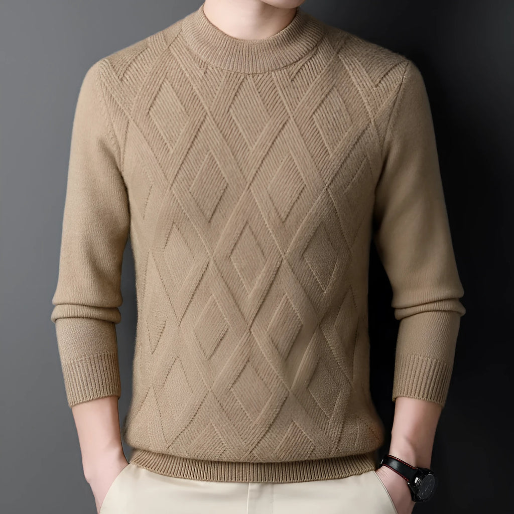 Men's thick diamond jacquard winter sweater in wool blend shown in light camel colour