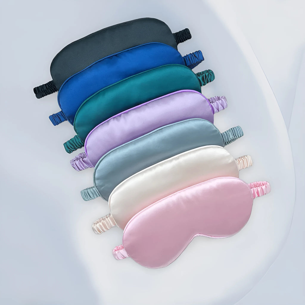 Double-sided silk-like eyeshade sleep mask in rayon elastic satin showing multiple colour options