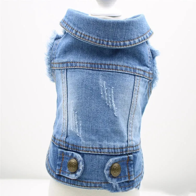 Denim dog vest with retro scratch pattern for small breed pets in dark and light colour options