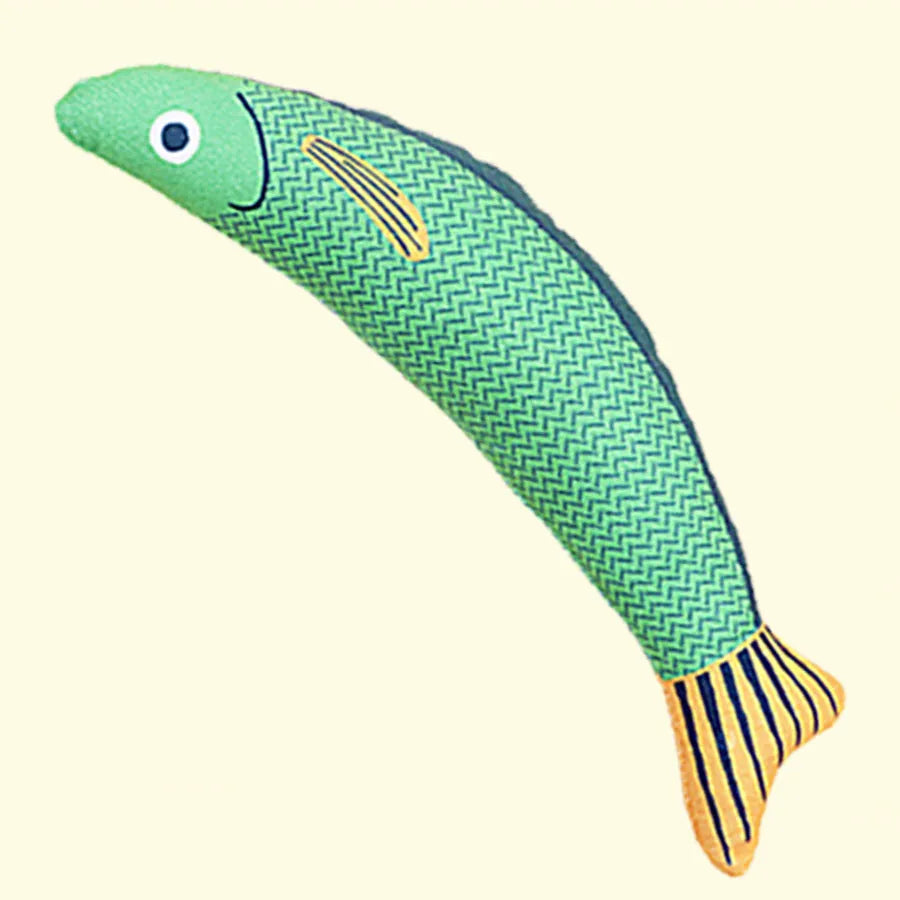 Soft green plush fish-shaped cat toy filled with organic catnip for interactive play.
