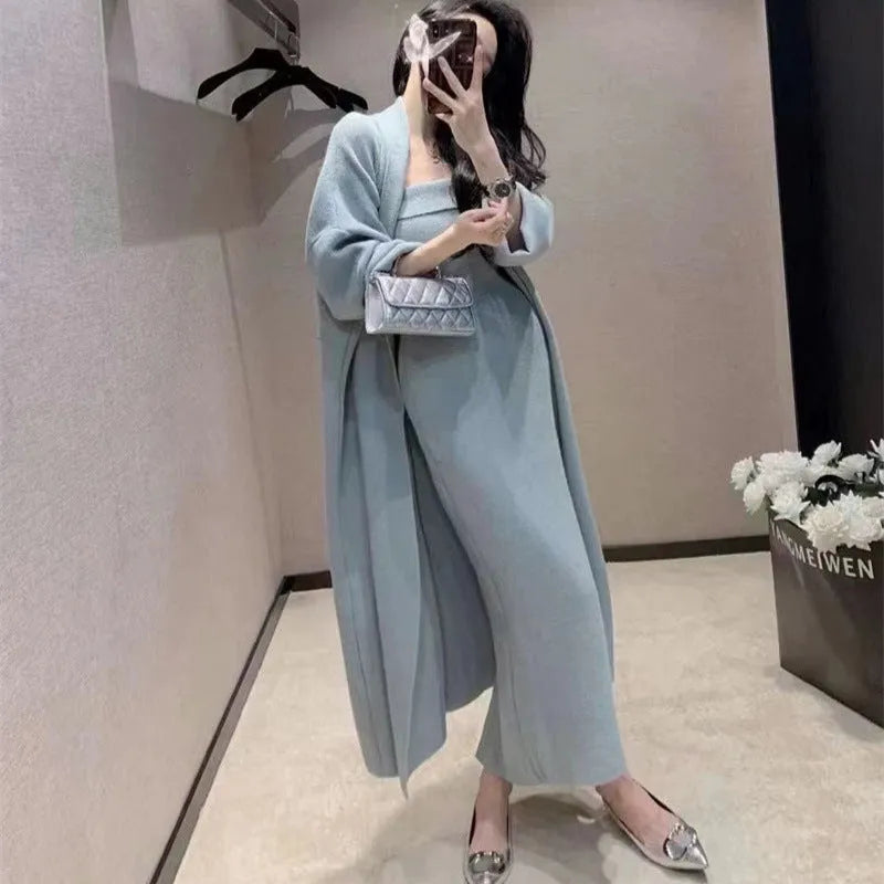 Grey women's knitted cardigan and long dress suit set with flocking detail.