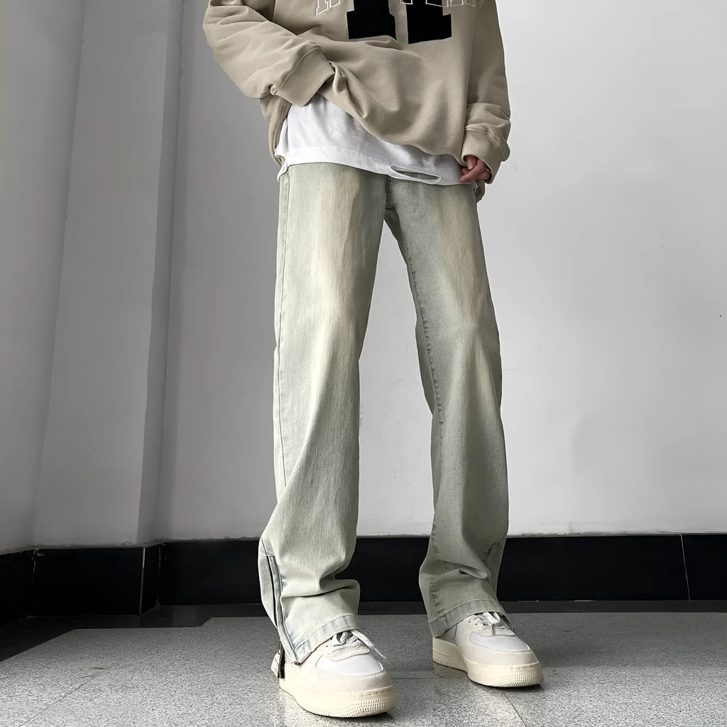 Men's retro straight-leg skinny denim jeans in yellow mud colour with side zipper