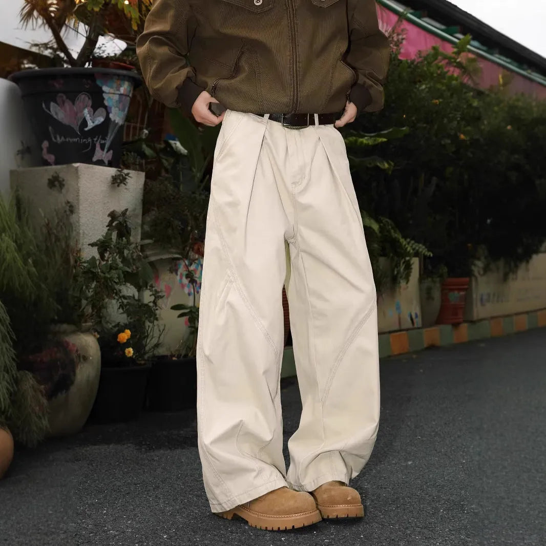 Men's striped pleated trousers with straight leg design in black, brown, or apricot colours