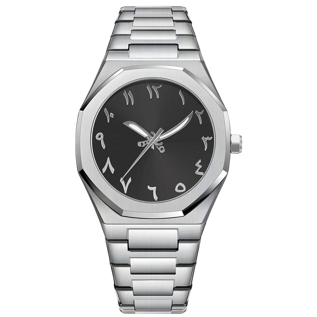 Men's business casual quartz watch with steel belt strap showing 10mm thickness