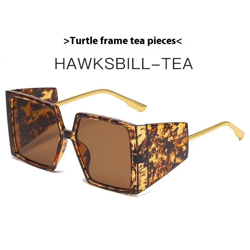 Large square frame sunglasses in seven colours: black, blue, champagne, green, hawksbill, orange, and white.