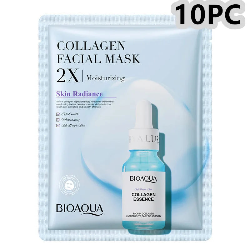 Single-use gel facial sheet mask in packaging, 30g collagen or hyaluronic acid formula.