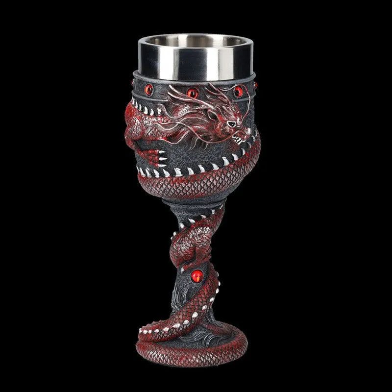 Red wine glass with Chinese dragon 3D design in stainless steel and resin, gold or red finish