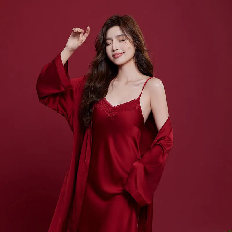 Red long sleeve polyester pyjama set for men and women on hangers