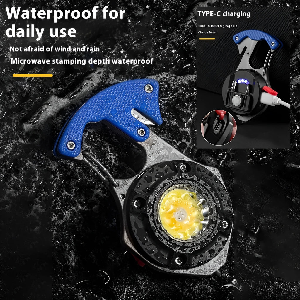 Compact silver and black multifunctional keychain flashlight with keyring, display screen, and integrated window breaker tool.