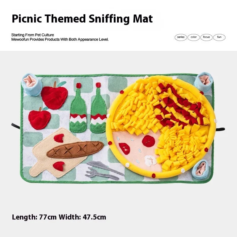 Fabric dog sniffing mat with themed pattern for hiding treats and kibble