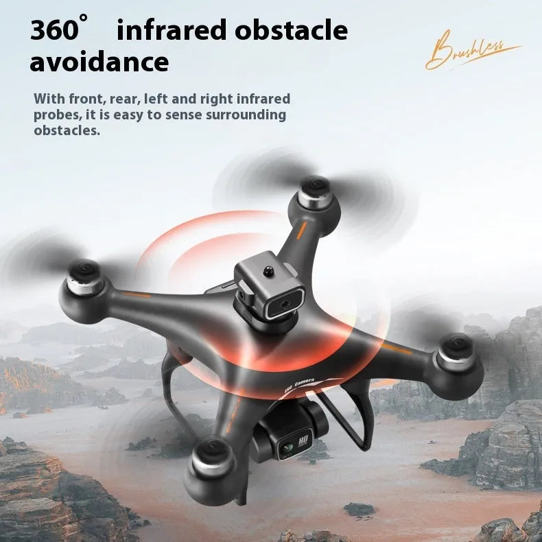 Brushless UAV drone with four-side obstacle avoidance and HD camera in flight position