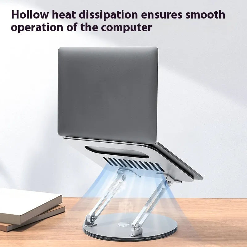 Silver aluminium alloy laptop stand showing height adjustment and rotation features