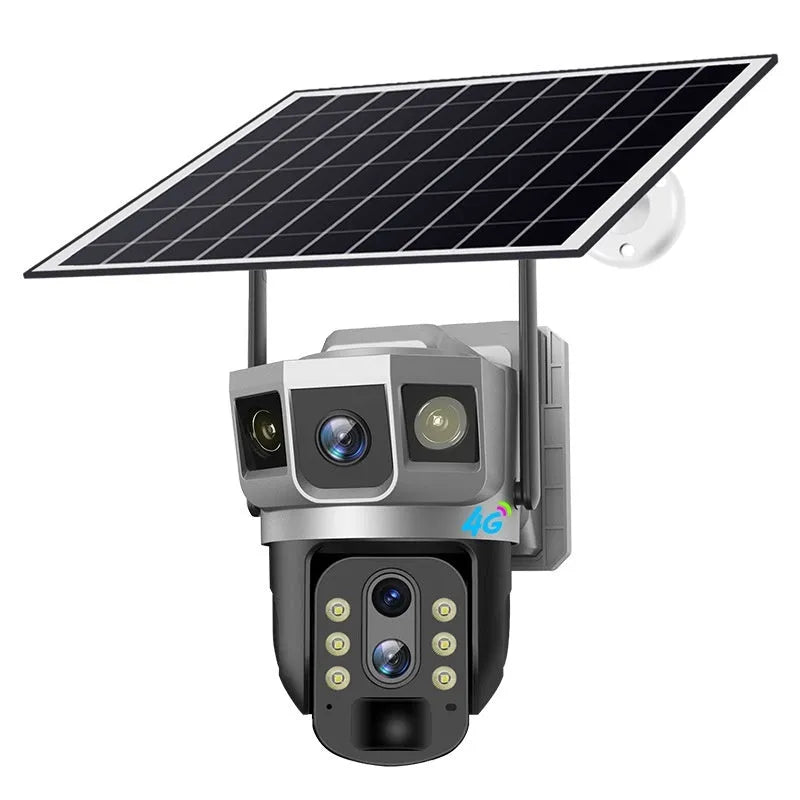 V380 4G outdoor smart monitor camera with triple-screen display showing multiple camera feeds