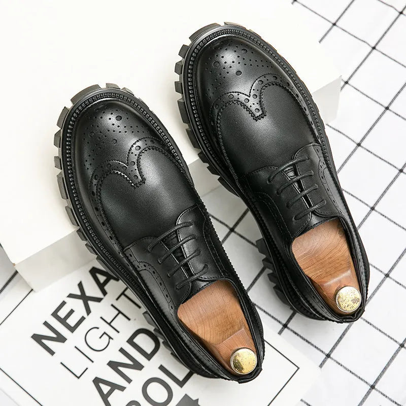 Men's black business brogue shoes with round toe design and artificial leather upper