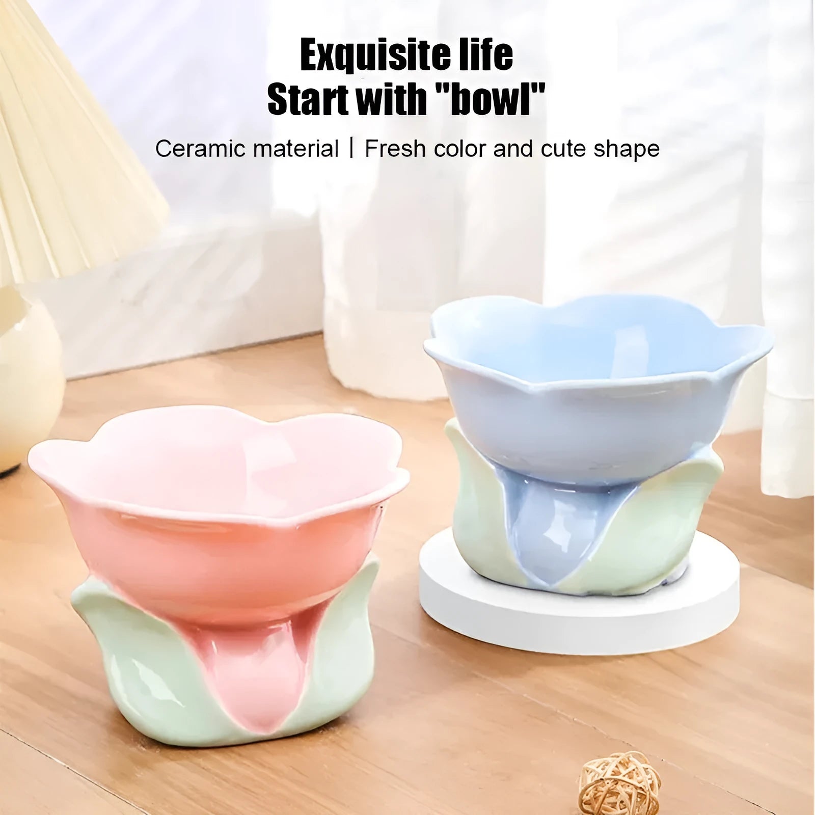 Blue floral patterned ceramic elevated pet bowl with non-slip base for cats and small dogs