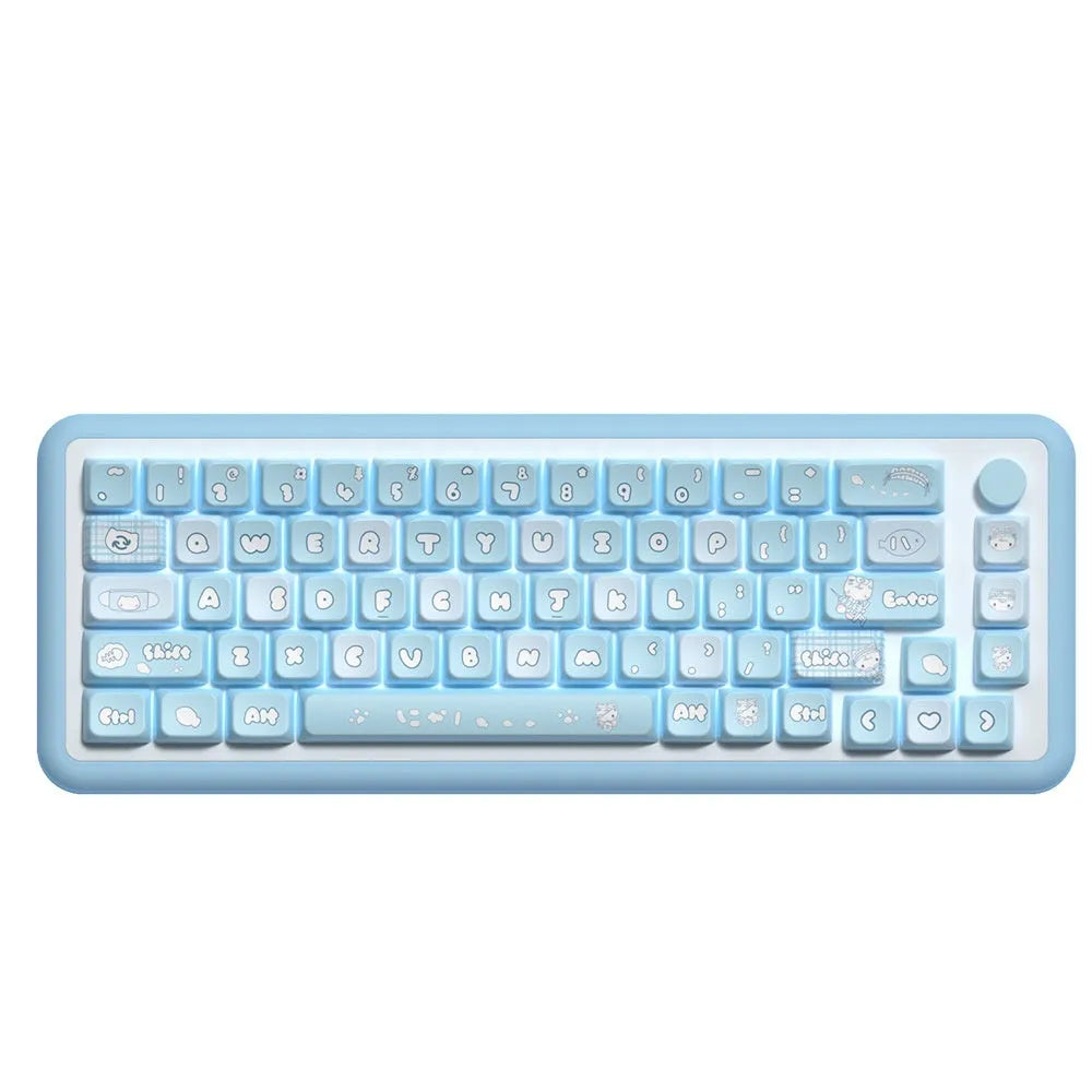Watercolour kitten illustration custom keycap set for mechanical keyboard, showing multiple PTB keys with opaque legends.