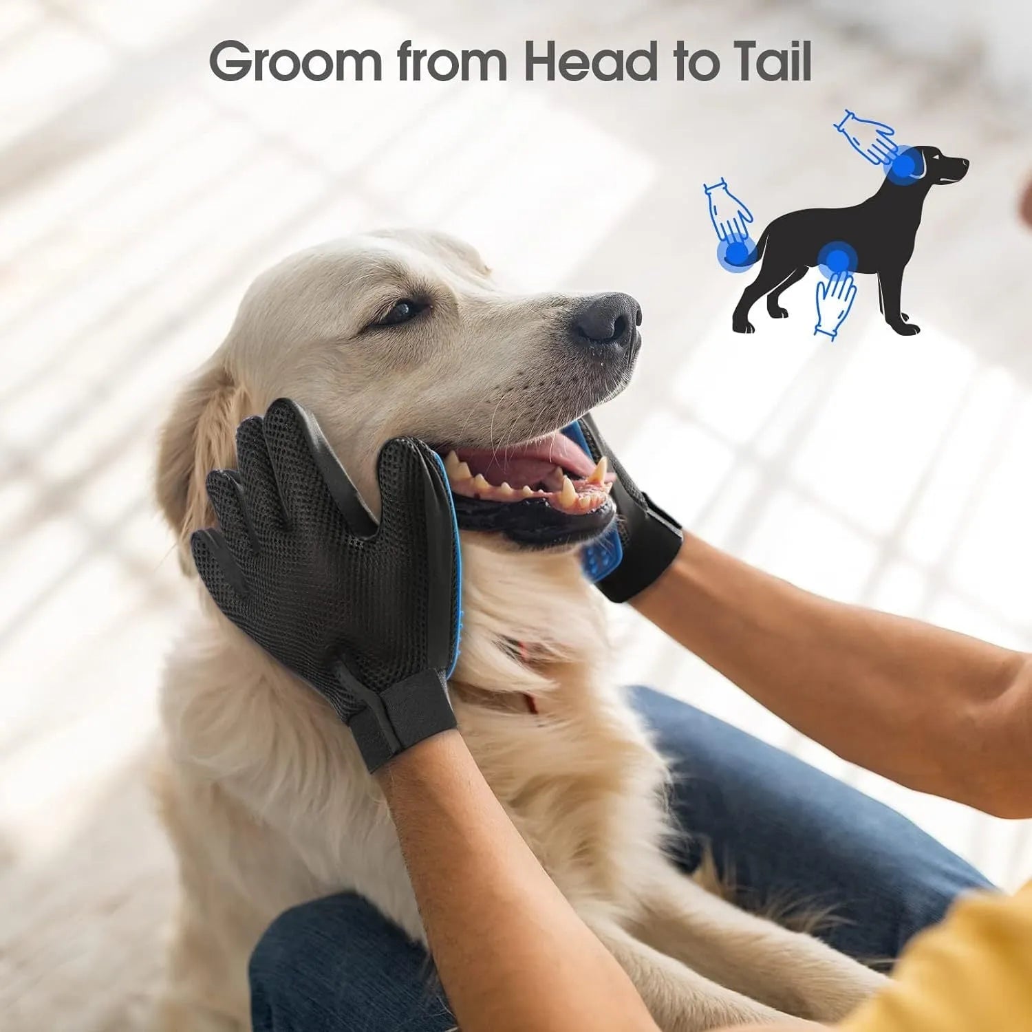 Blue pet grooming gloves with silicone tips for brushing and bathing dogs and cats.