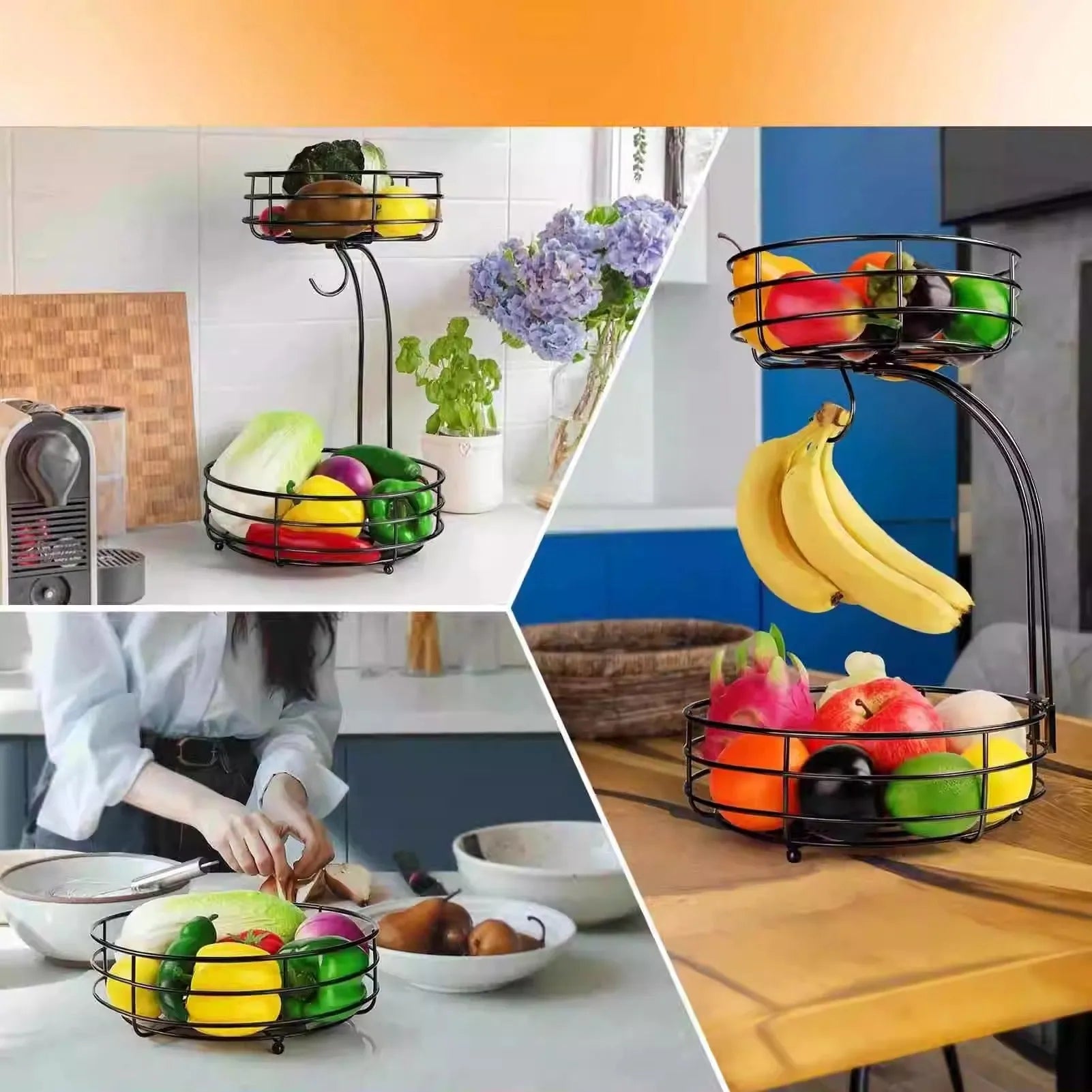 Black wrought iron double-layer fruit basket with two storage tiers