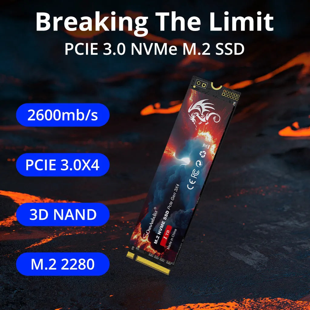M.2 NVMe solid state drive for desktop computers, showing PCB and gold connectors.