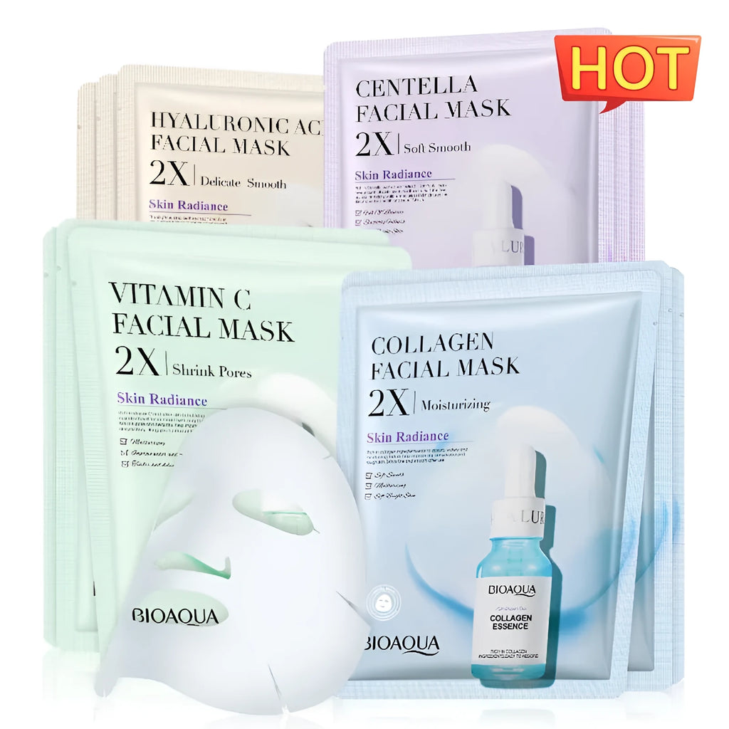 Single-use gel facial sheet mask in packaging, 30g collagen or hyaluronic acid formula.