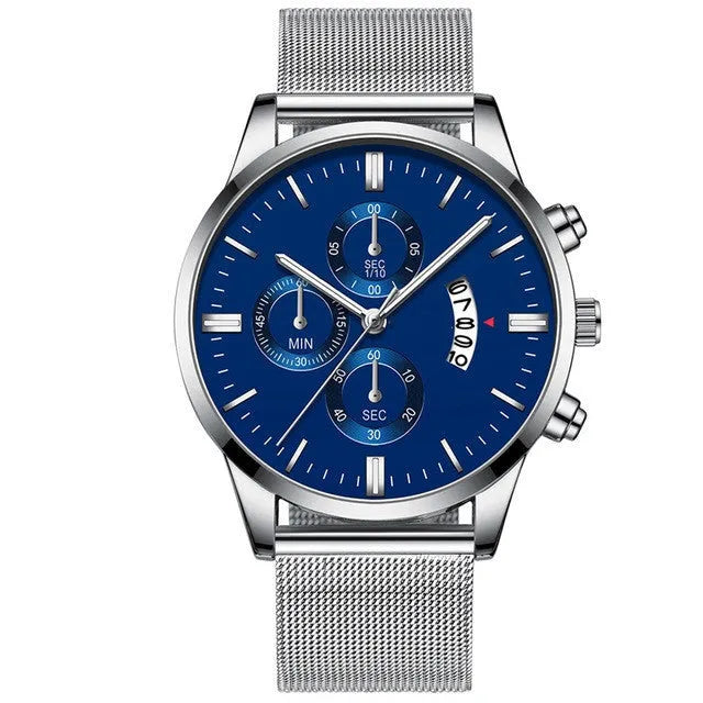 Men's stainless steel quartz watch with mesh band in a two-tone colour option.