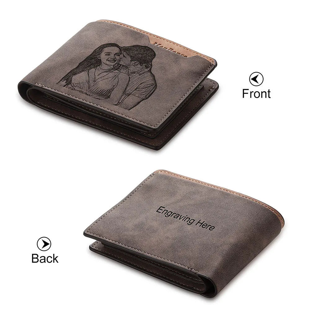 Engraved horizontal short wallet in coffee PU with seven card slots