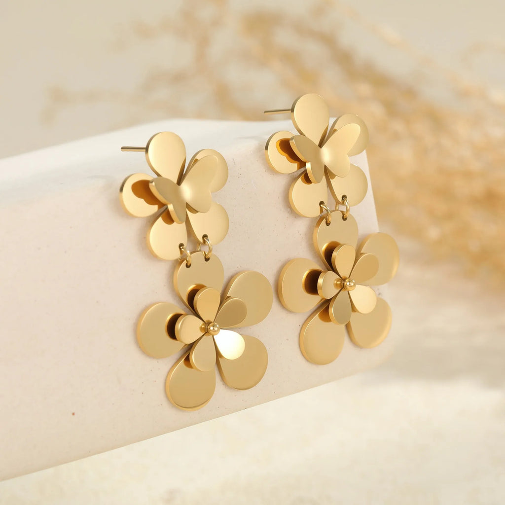 Gold flower butterfly earrings made from stainless steel with 18K electroplated finish