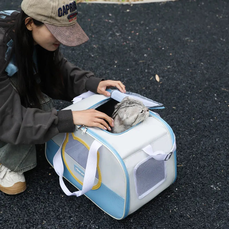 Outdoor portable foldable cat backpack pet carrier in Oxford cloth with contrast colour pattern