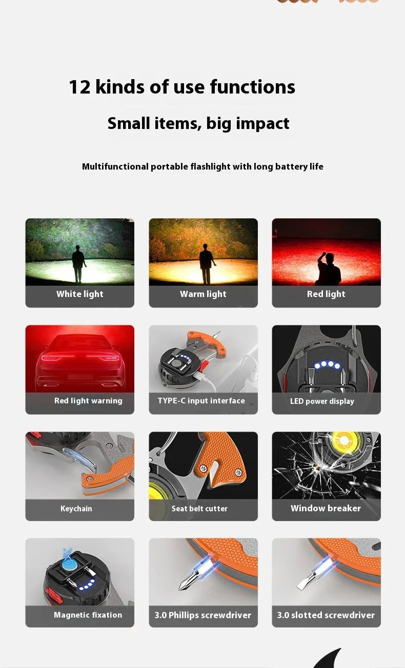 Compact silver and black multifunctional keychain flashlight with keyring, display screen, and integrated window breaker tool.