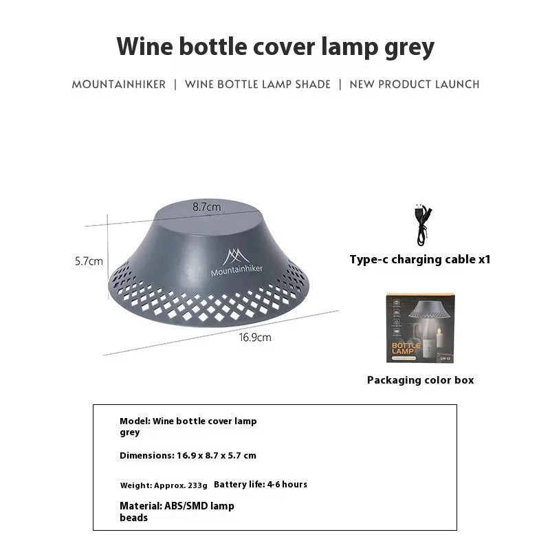 Beige wine bottle-shaped camping lantern showing three light mode settings and USB-C charging port.