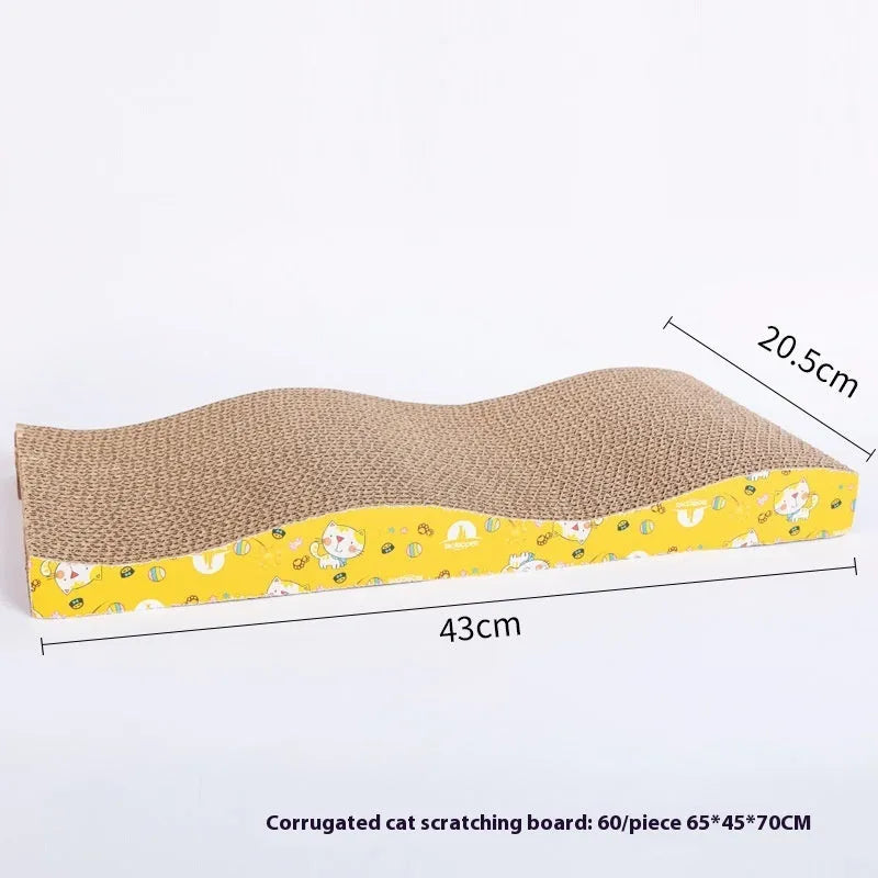 Corrugated paper cat scratch board showing bone-type, M-type, and trapezoid shape options