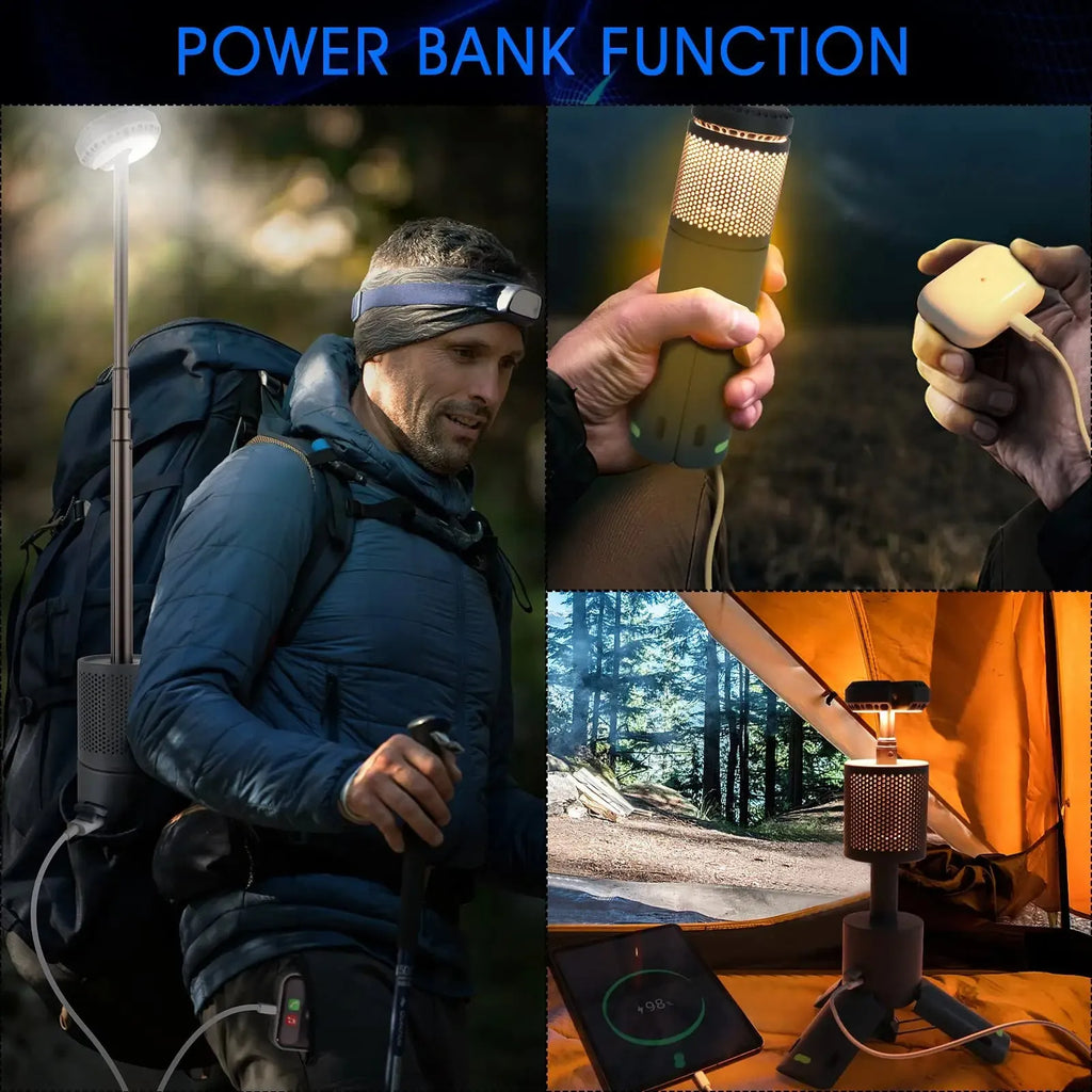 Portable camping LED light with battery power and button switch in creamy white or dark grey colours