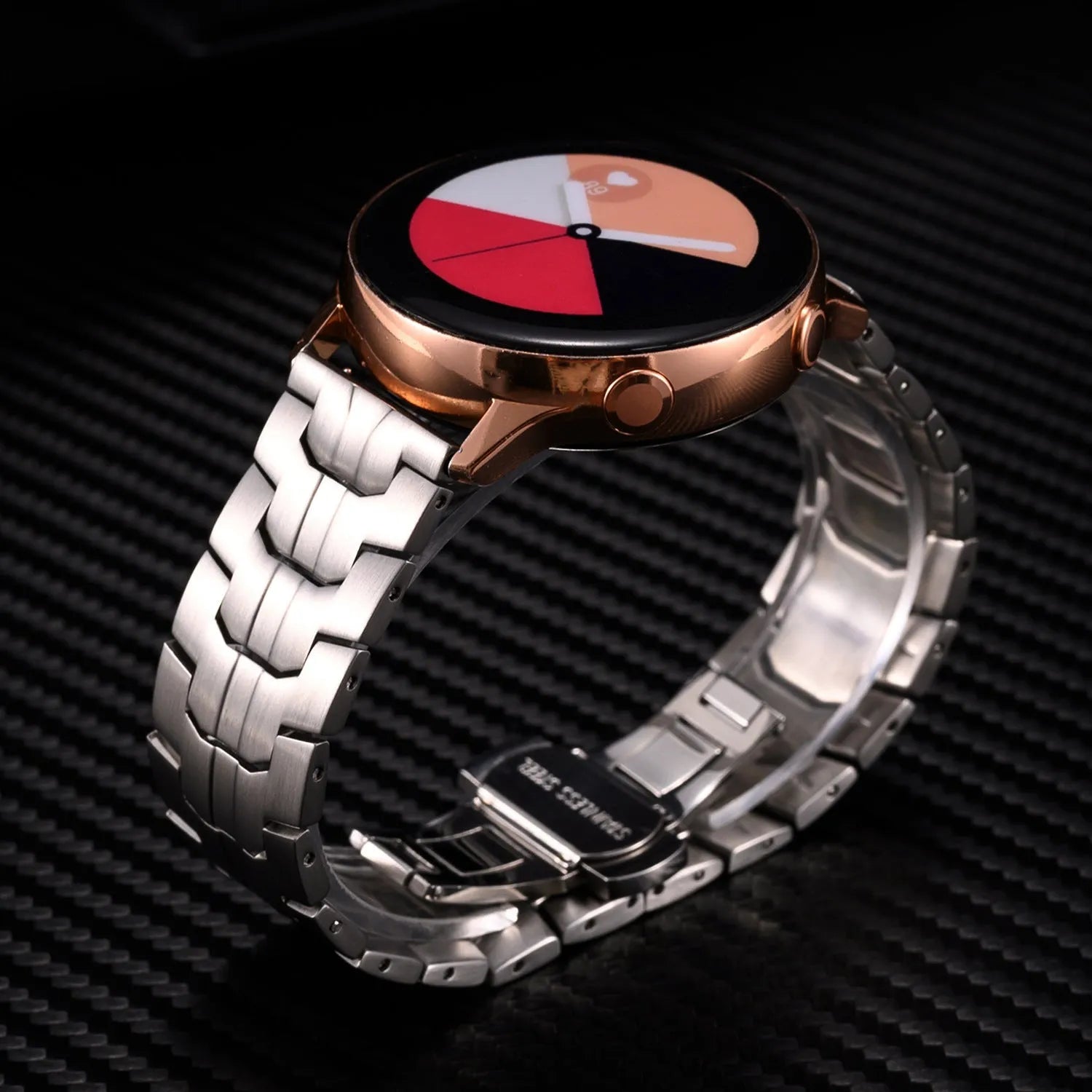 Stainless steel watch strap for Samsung Galaxy Watch in silver and black colours, showing 20mm and 22mm size options.