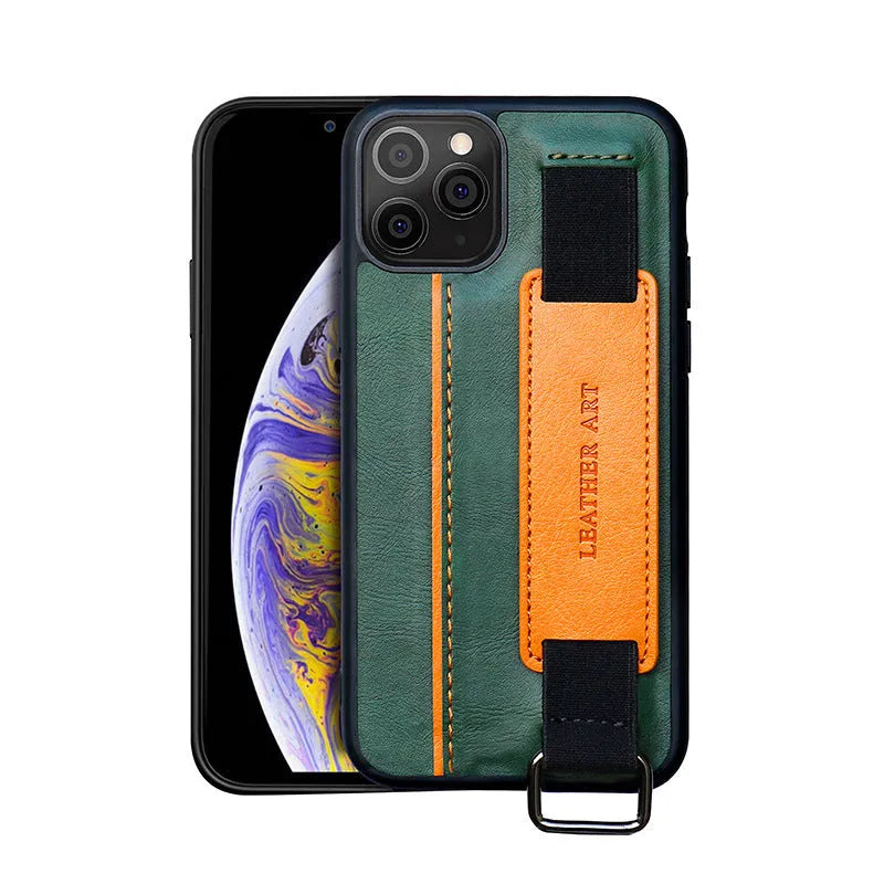 Brown imitation leather iPhone case with adjustable wrist strap attached