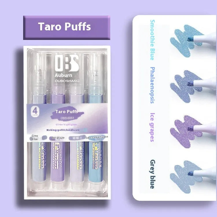 Set of four Sparkling Star River glitter highlighter pens in assorted pastel colours with slanted tips.
