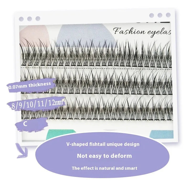 Black V-shaped fishtail false eyelashes with thick segment design in 8mm to 12mm lengths