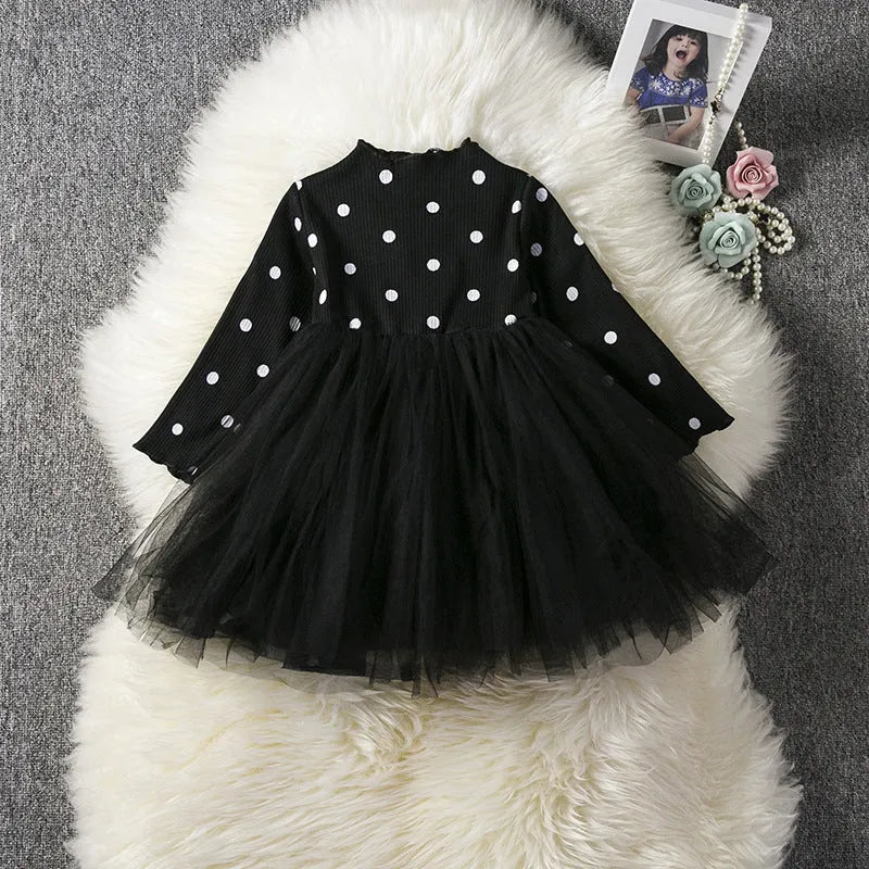 Baby girl's long sleeve lace tutu dress in black, pink or white for christenings and birthdays