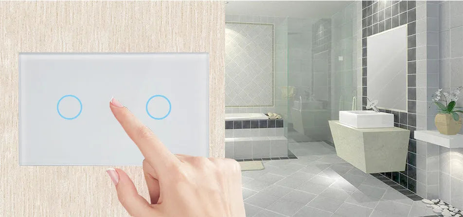 White two-gang RF touch light switch with tempered glass panel shown front on.