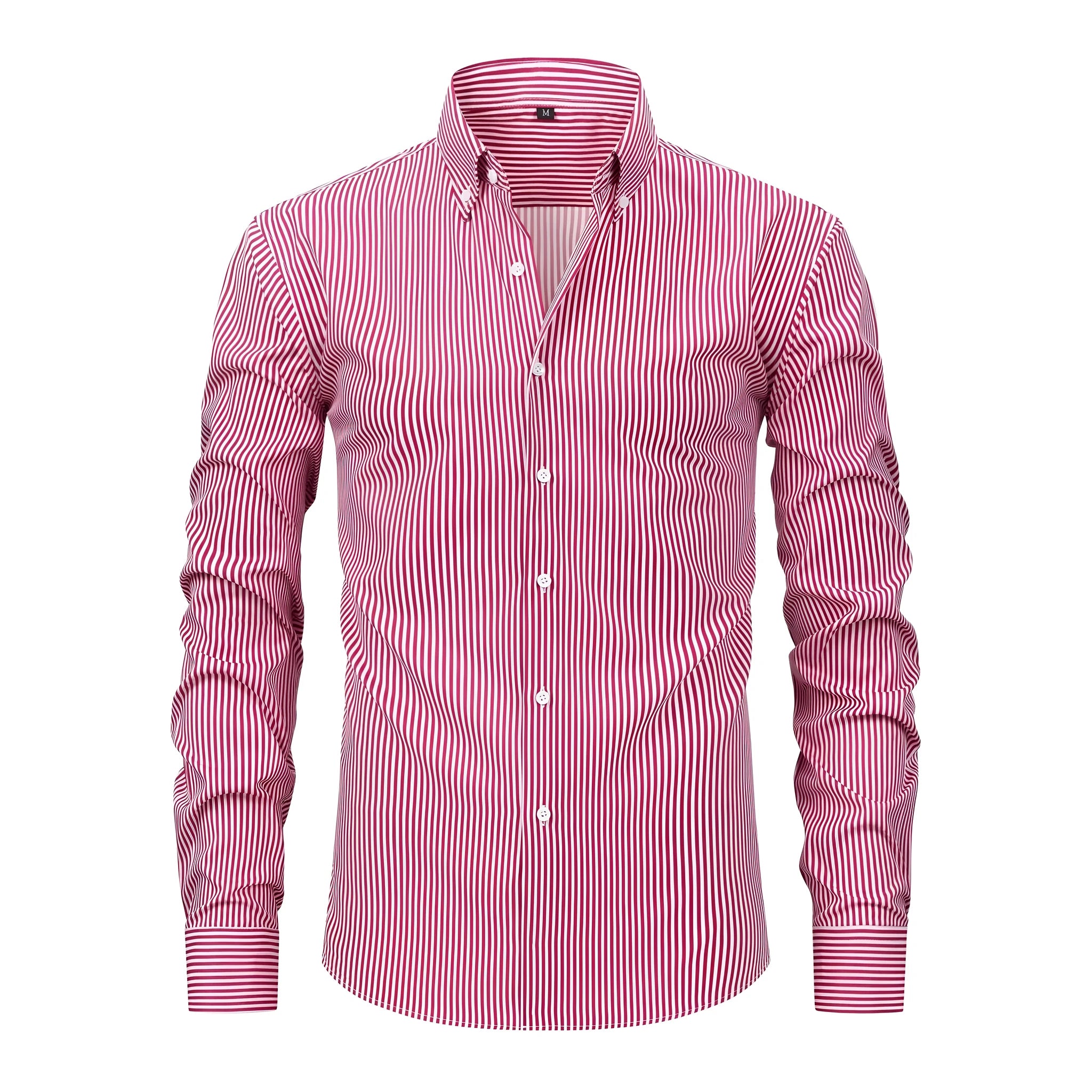 Man wearing a striped long-sleeved business shirt with a lapel collar in an anti-wrinkle fabric.