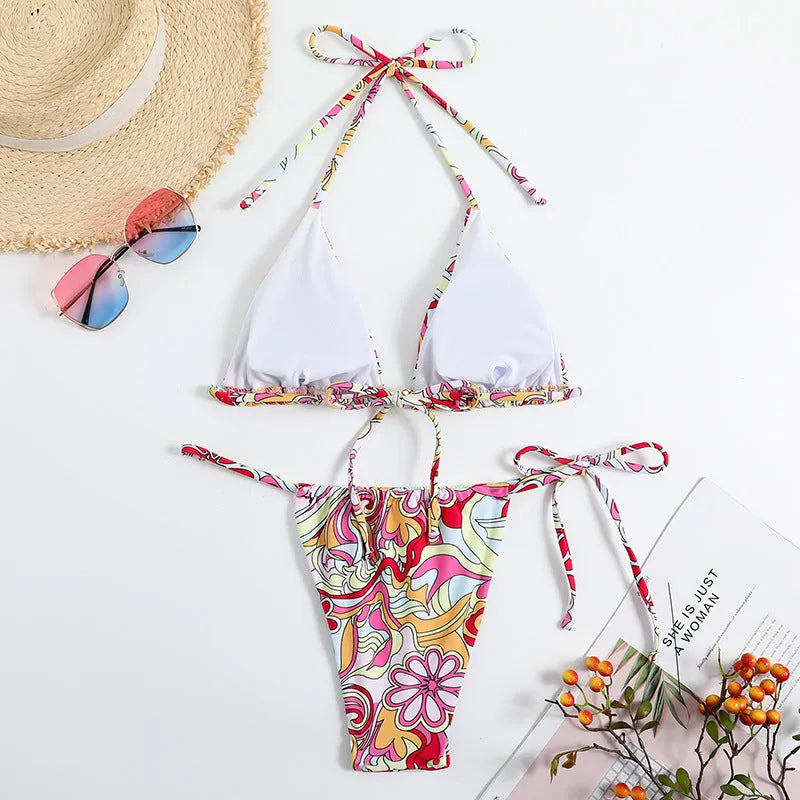 Women's triangle print bikini separate system with adjustable hanging neck design in multicolour pattern