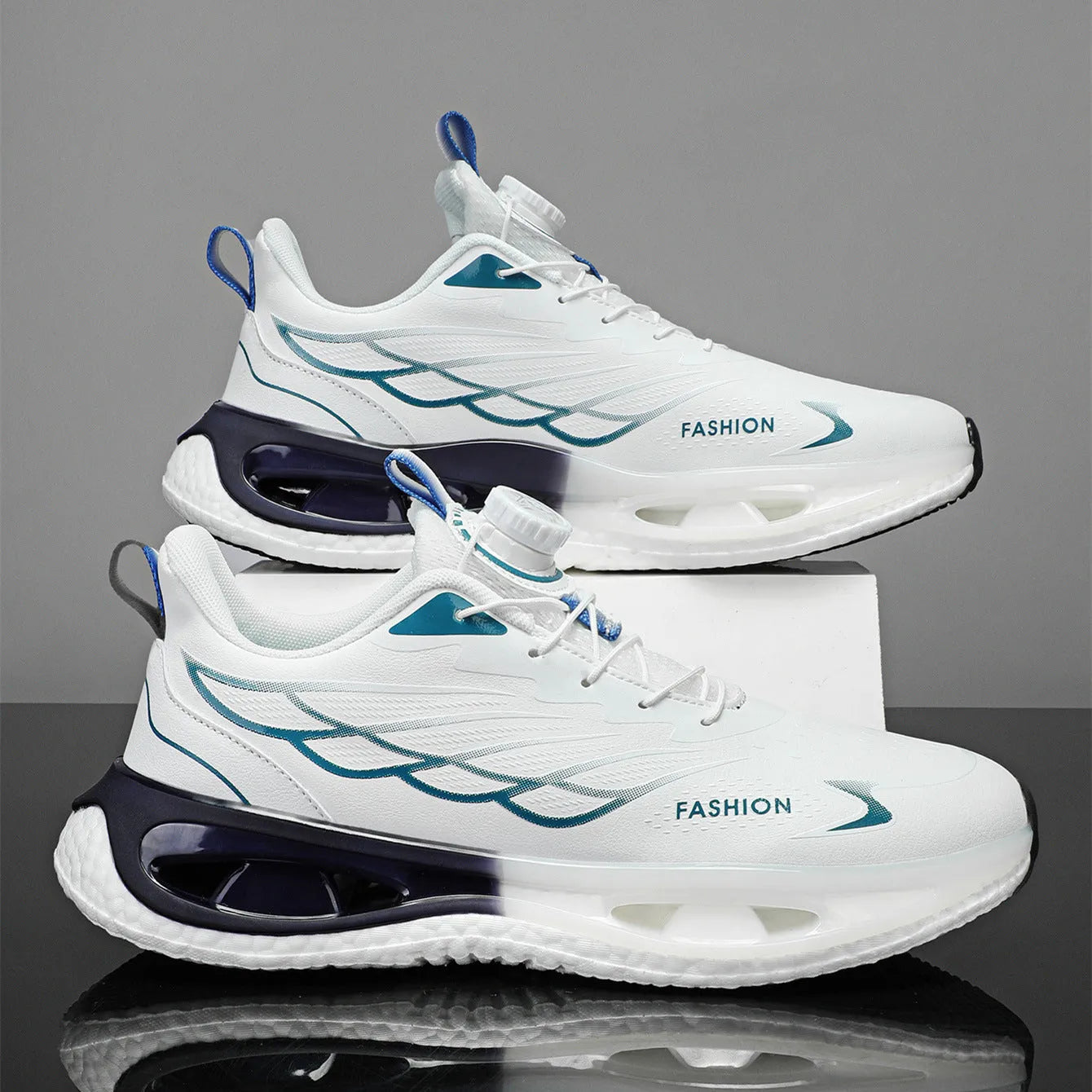 Youth men's low-top rotating button sneaker in light blue mesh with a rubber sole.