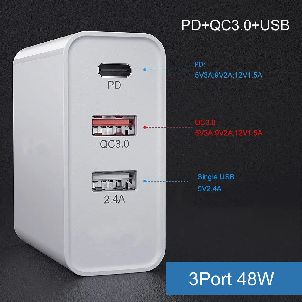 White multi-port fast charger with PD and QC support showing multiple USB ports.